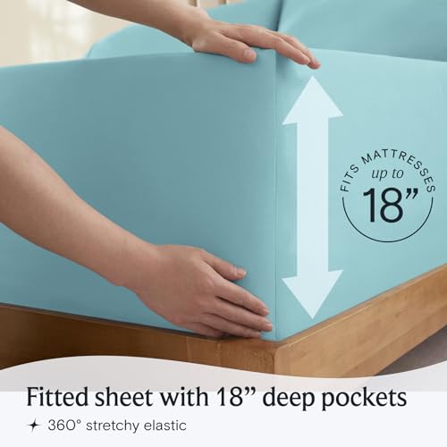 a person holding a mattress with text: 'RESSES FITS 18 Fitted sheet with 18" deep pockets 360º stretchy elastic'