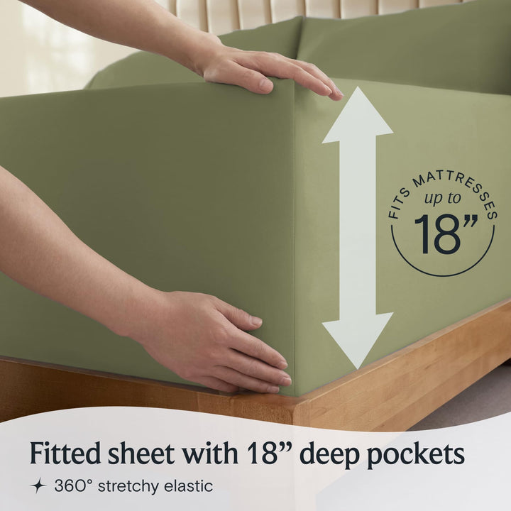 a person holding a mattress with text: 'RESSES FITS 18 Fitted sheet with 18" deep pockets 360º stretchy elastic'
