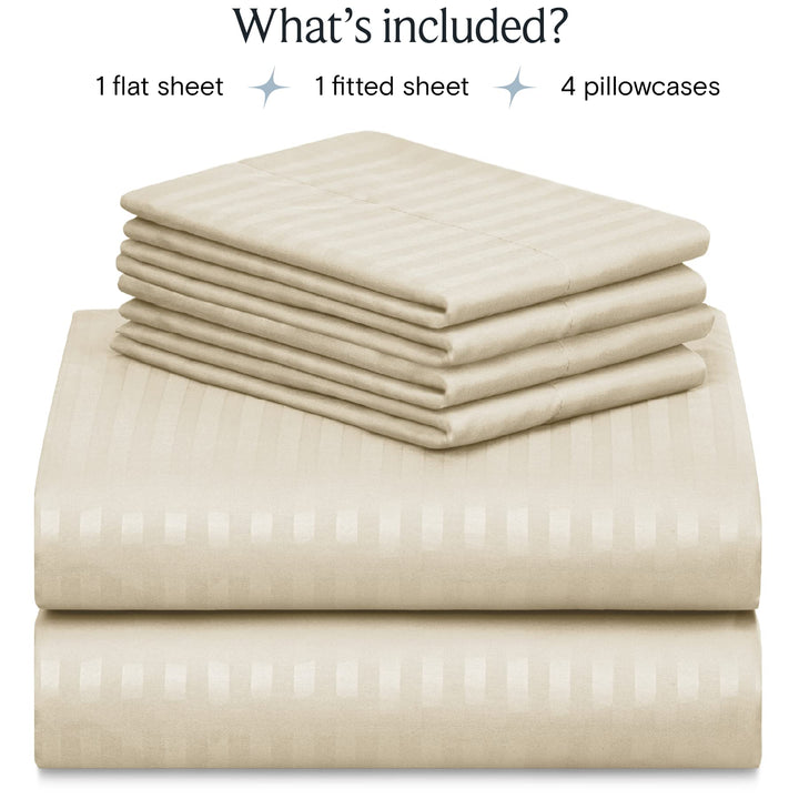 a stack of white sheets with text: 'What's included? 1 flat sheet 1 fitted sheet 4 pillowcases'