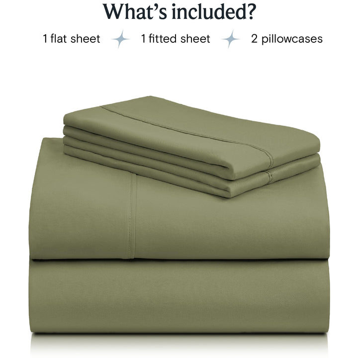 a stack of folded sheets with text: 'What's included? 1 flat sheet 1 fitted sheet 2 pillowcases'