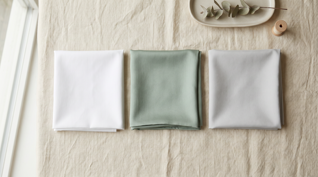 Three luxury bedding fabric swatches — cotton, bamboo, and microfiber — arranged on a warm linen surface