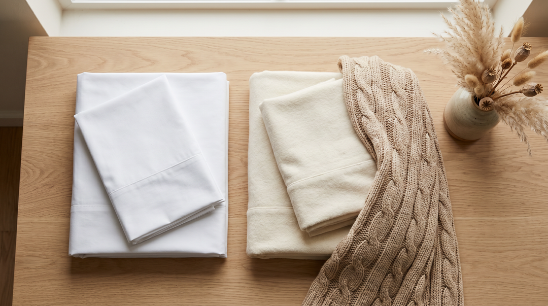 Two folded seasonal bedding sets — crisp summer percale and warm winter flannel — arranged beside dried pampas grass on a light oak surface