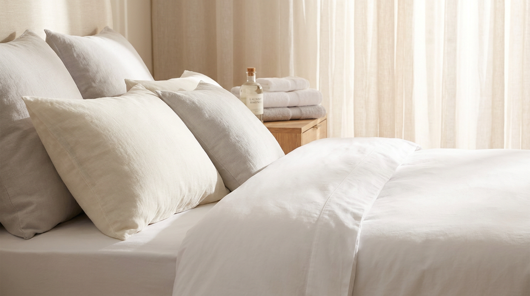 Crisp white cotton sheets and linen pillowcases neatly arranged in soft morning light — LuxClub bedding care guide