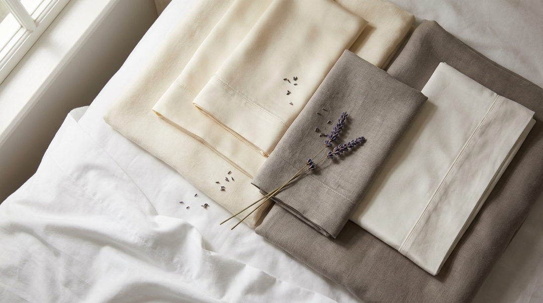 Premium bamboo pillowcases in cream and warm gray flat lay — LuxClub