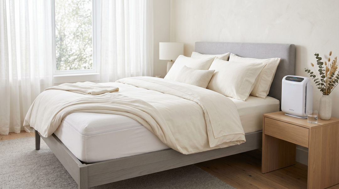 Pristine allergy-free luxury bedroom with white encased mattress, crisp ivory sheets and air purifier in soft daylight