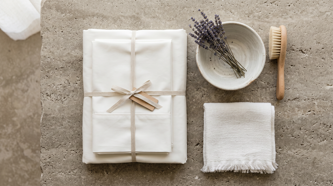 Neatly folded premium white linen sheets beside a ceramic laundry bowl and dried lavender on a warm stone surface