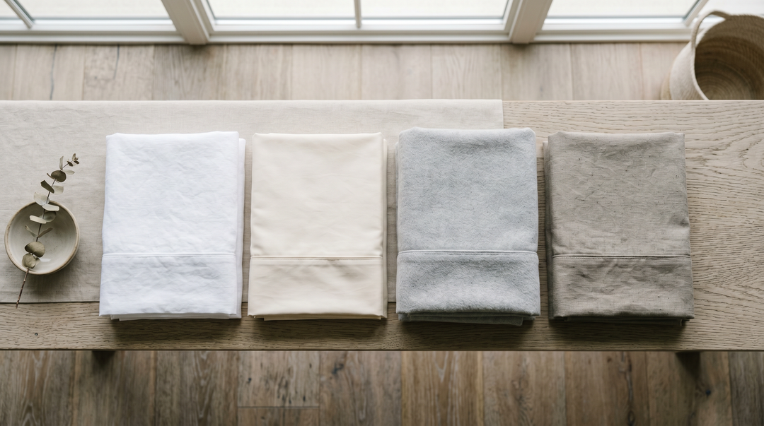 Four neatly folded luxury sheet sets in seasonal tonal weights arranged side by side in natural light