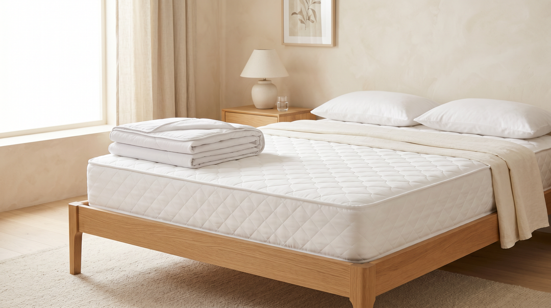Pristine white mattress with clean quilted surface texture on a minimalist bed frame with soft natural light