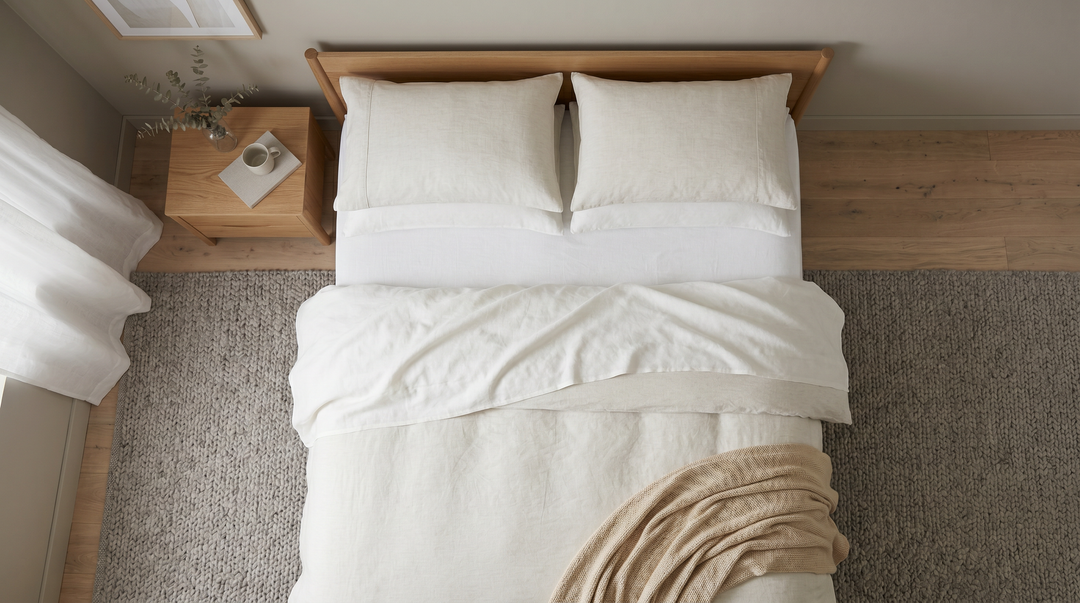 Luxury white linen bedding set on a king-size bed in a serene, softly lit bedroom