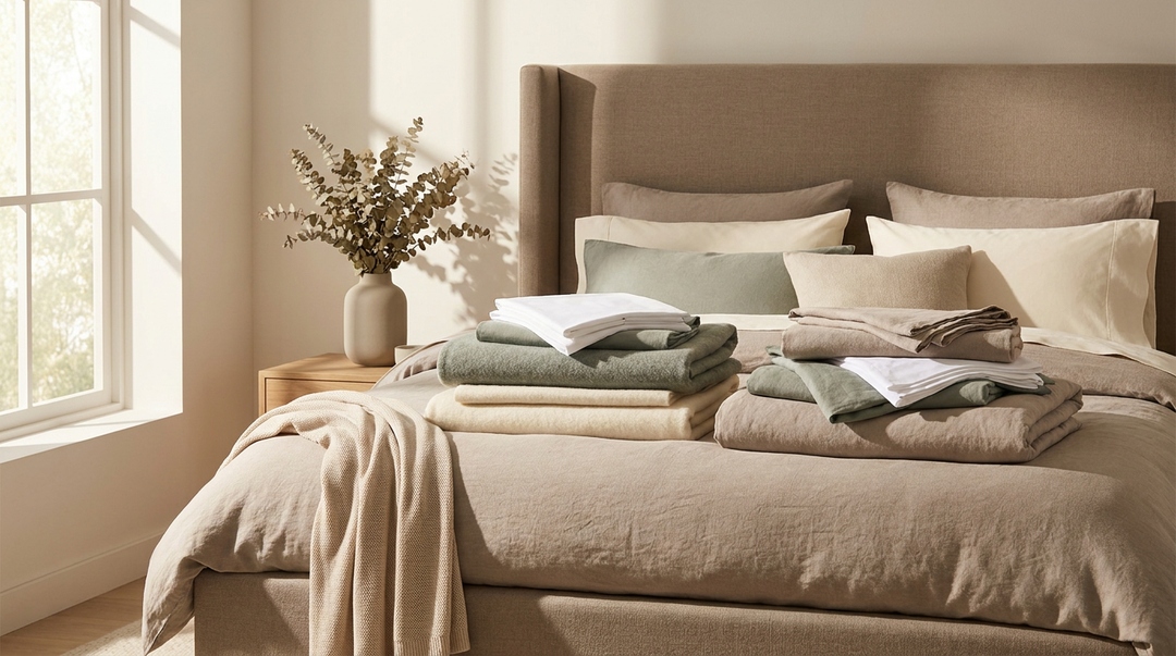 Neatly arranged luxury bed linens with warm morning light and seasonal eucalyptus accents