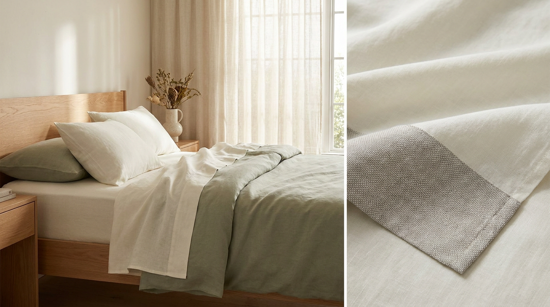 Close-up of premium bamboo sheet weave texture on a neatly made bed with soft natural light