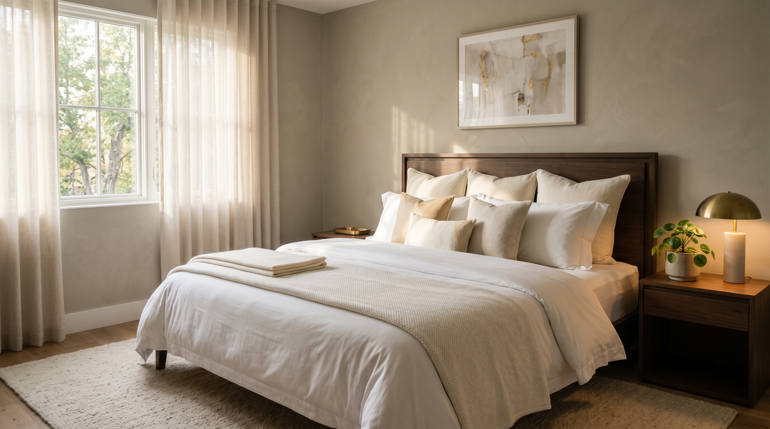 A serene, softly lit luxury bedroom with crisp white linen bedding and warm morning light