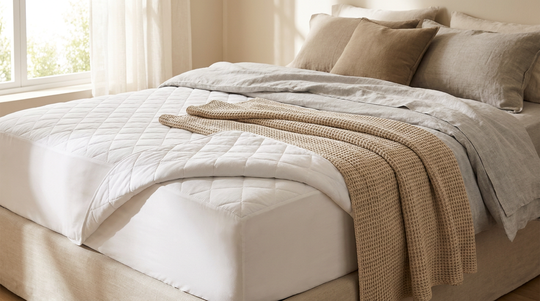 Neatly made bed with premium white mattress protector and light-gray linen sheets in warm natural light