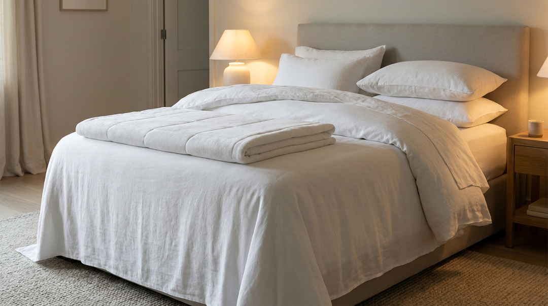 Luxury mattress with crisp white linen sheets in a warmly lit premium bedroom