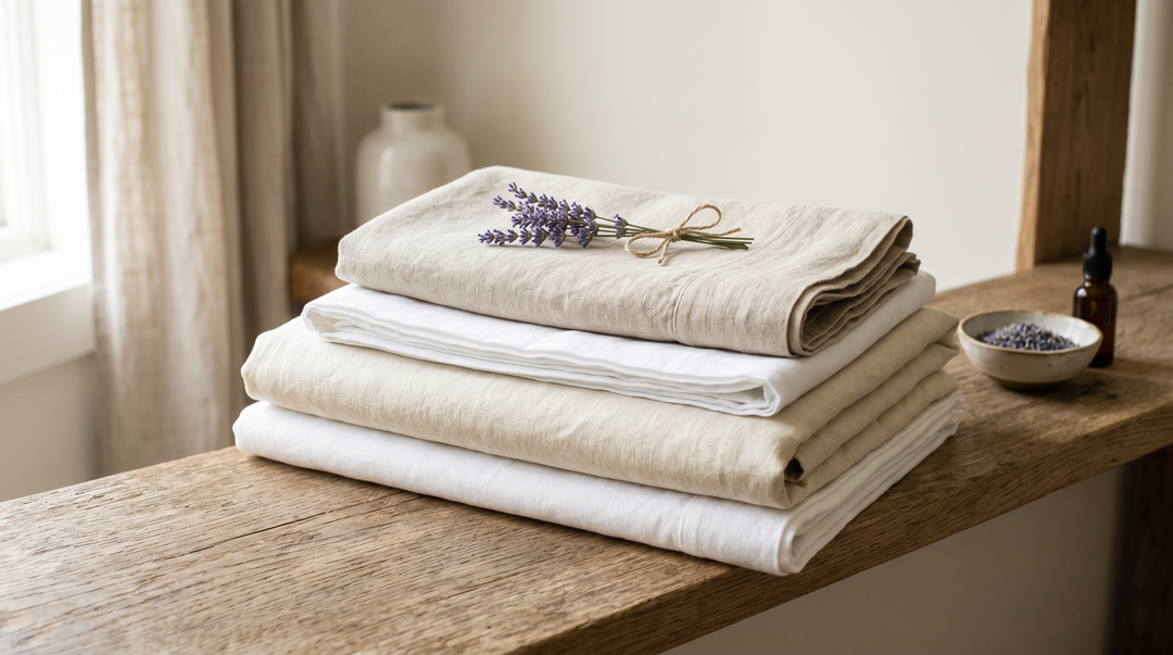 Neatly folded luxury white and linen sheets stacked on a wooden shelf — premium bedding care