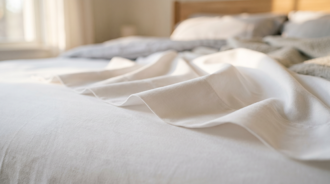 Close-up of smooth crisp white cotton sheet surface with soft natural side light
