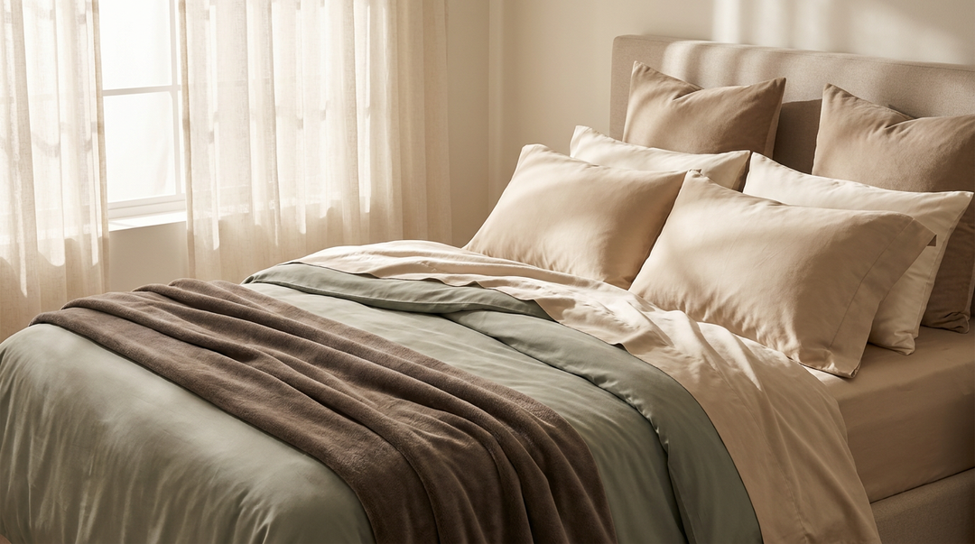 Luxury layered bedding in champagne, ivory, and sage — cotton, bamboo, and microfiber fabric comparison