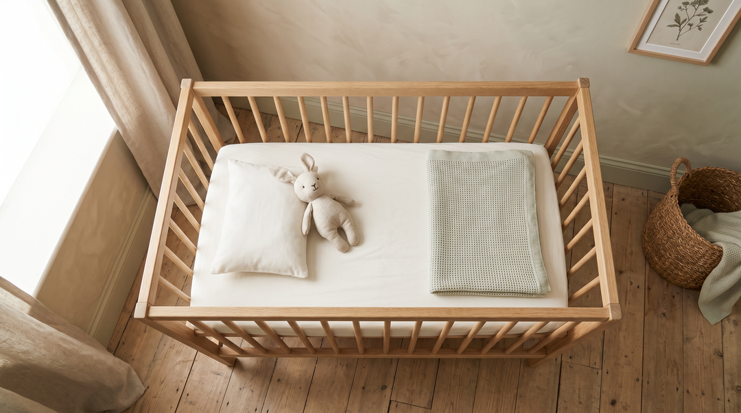 A neatly made crib with organic cotton fitted sheet and lightweight cellular blanket in a soft, warmly lit nursery