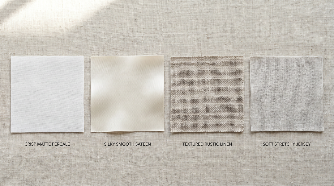 Four luxury sheet fabric swatches showing percale, sateen, linen and jersey weave textures in warm ivory and white tones