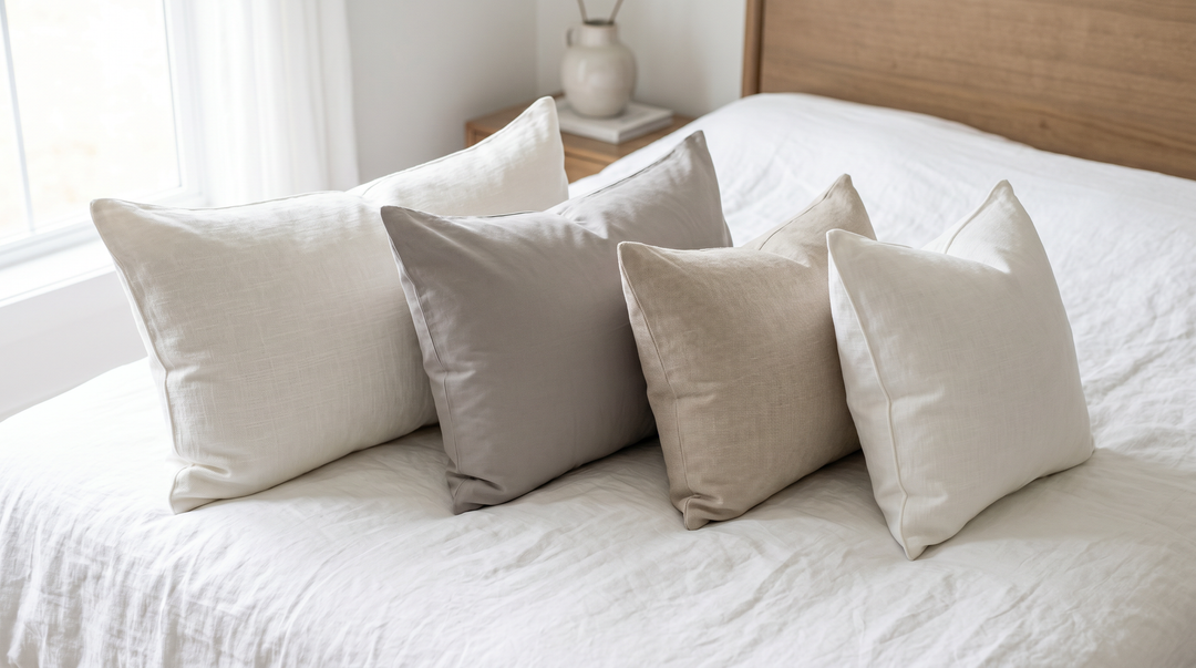 A collection of premium luxury pillows arranged on a white linen bed in soft natural light