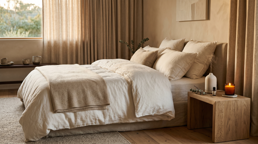 Minimalist luxury bedroom with soft ivory linen bedding, ceramic diffuser and warm amber light creating a serene sleep sanctuary