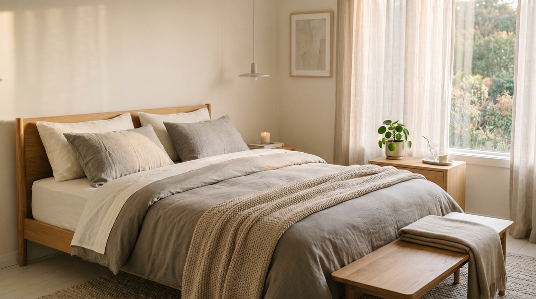 Serene luxury bedroom with warm ambient lighting and perfectly made ivory linen bed