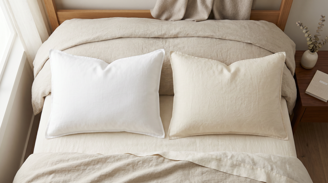 Two plump luxury pillows in white and ivory pillowcases arranged on a neatly made bed