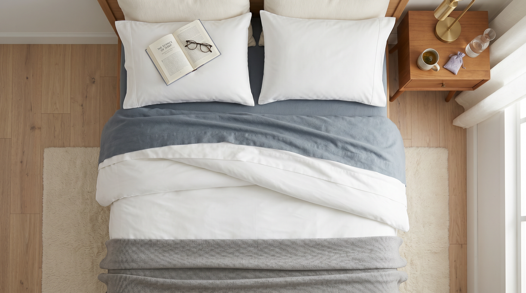 LuxClub luxury bed sheets arranged on a perfectly made bed with soft morning light — sleep science and bedding guide