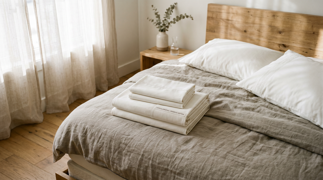 Luxurious hypoallergenic bedding set in warm ivory tones on a neatly made bed