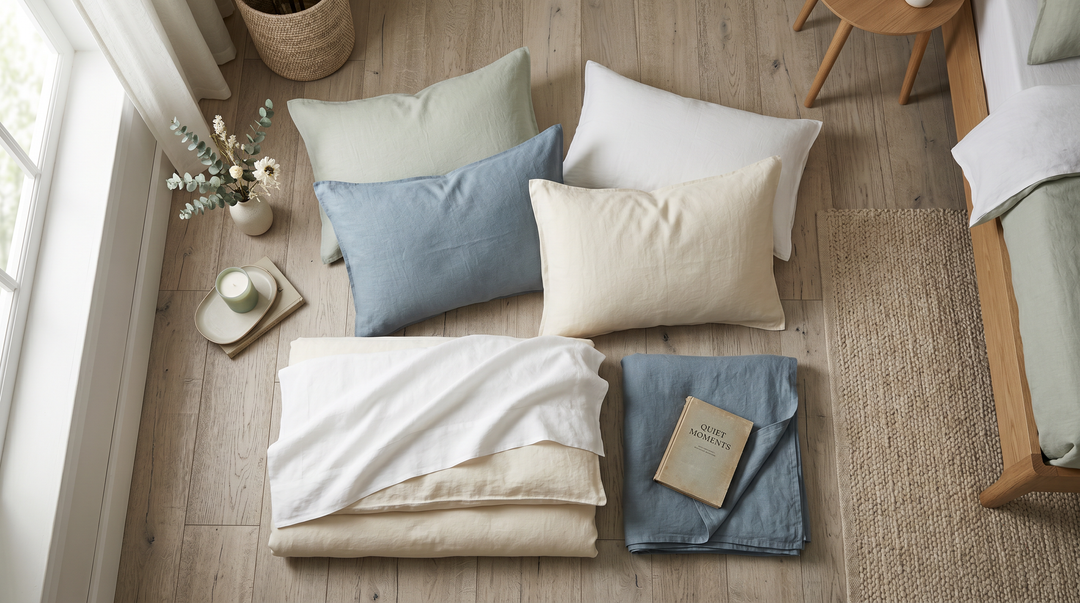 Luxury bedding in soft muted tones of sage green, dusty blue and warm ivory arranged in an editorial flat lay