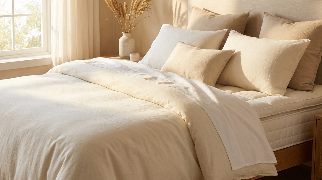 A pristine luxury bed with crisp white sheets and soft morning light, representing mattress care and longevity