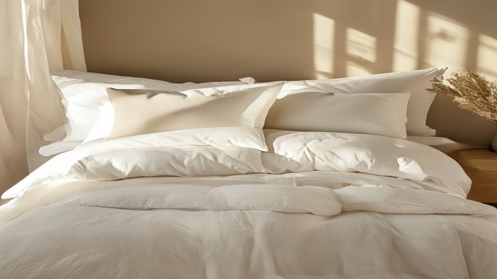Stack of premium ivory and white pillows on crisp linen bedding with warm morning light — LuxClub pillow buying guide