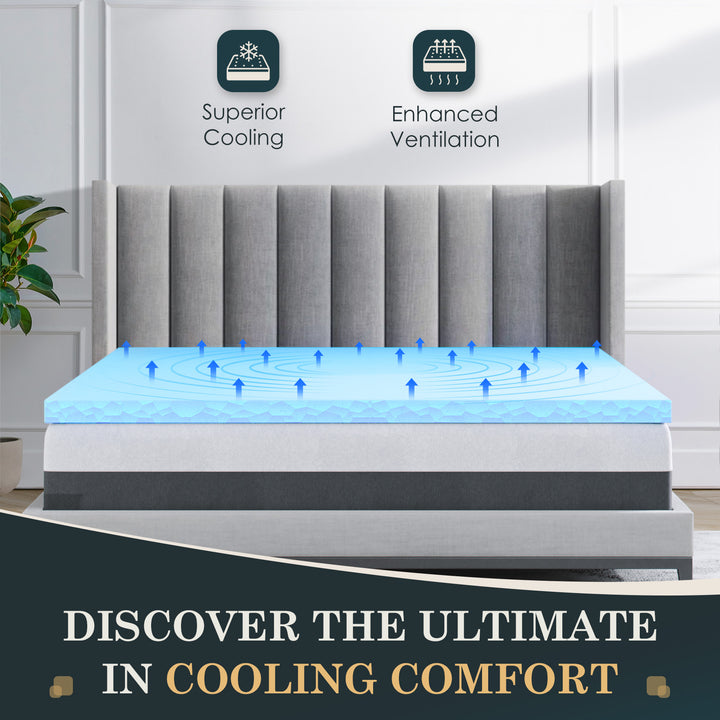 a mattress with a blue light with text: 'Superior Enhanced Cooling Ventilation DISCOVER THE ULTIMATE IN COOLING COMFORT'