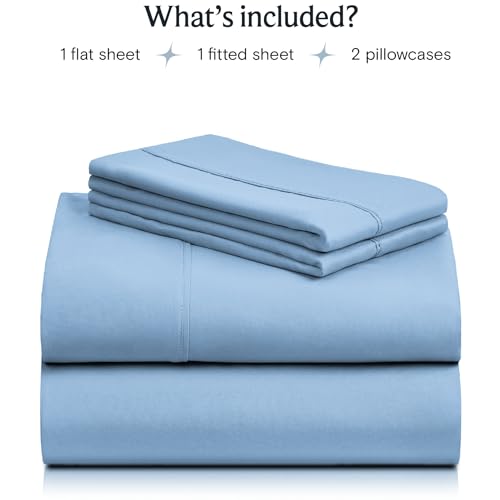 a stack of blue sheets with text: 'What's included? 1 flat sheet 1 fitted sheet 2 pillowcases'