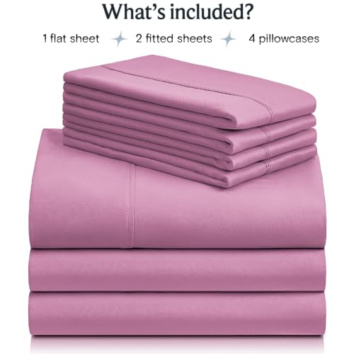 a stack of pink sheets with text: 'What's included? 1 flat sheet 2 fitted sheets 4 pillowcases'