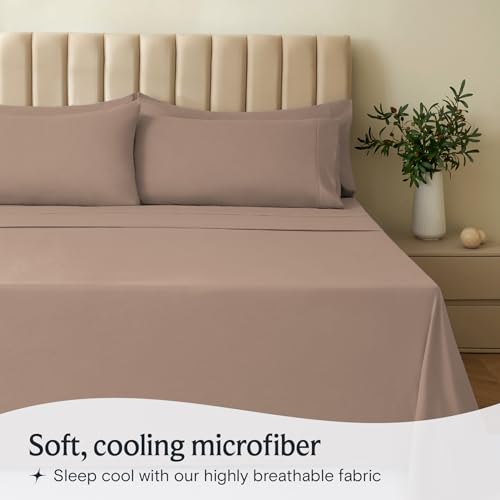 a bed with a plant in a vase with text: 'Soft, cooling microfiber Sleep cool with our highly breathable fabric'