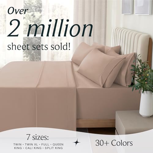 a bed with a plant in a vase with text: 'Over 2 million sheet sets sold! 7 sizes: 30+ Colors TWIN TWIN XL FULL QUEEN KING . CALI KING . SPLIT KING'