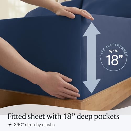 a person holding a blue mattress with text: 'RESSES up to FITS 18' Fitted sheet with 18" deep pockets 360º stretchy elastic'