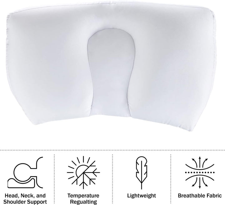 a white pillow with a contoured neck with text: 'Head, Neck, and Temperature Lightweight Breathable Fabric Shoulder Support Regualting'