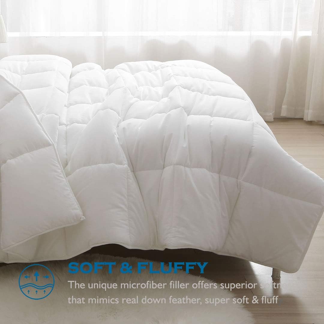 a white bed with a white comforter with text: 'SOFT & FLUFFY The unique microfiber filler offers superior that mimics real down feather, super soft & fluff'