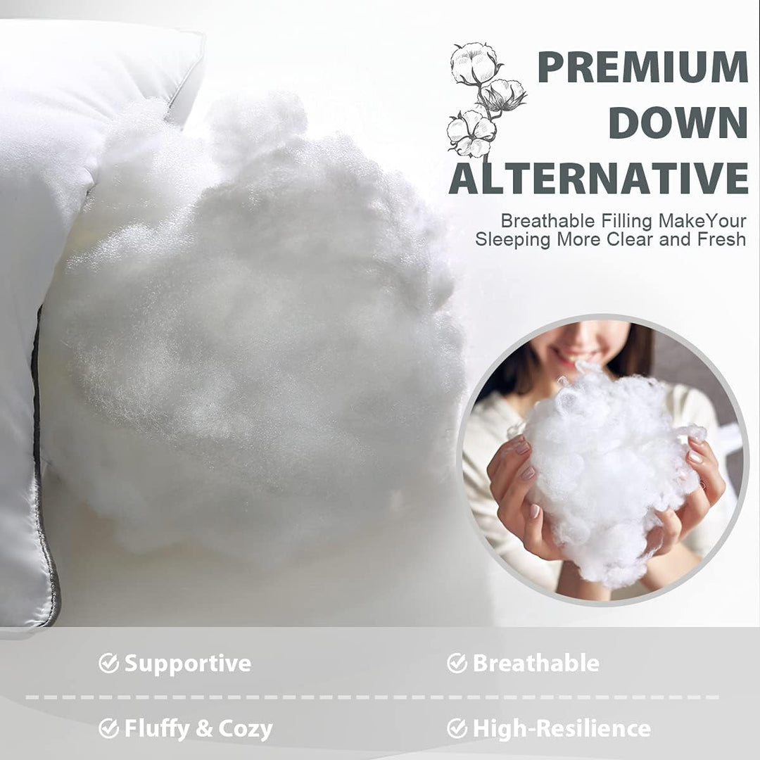 a white pillow with a fluffy cloud with text: 'PREMIUM DOWN ALTERNATIVE Breathable Filling MakeYour Sleeping More Clear and Fresh Supportive Breathable -- Fluffy & Cozy High-Resilience'