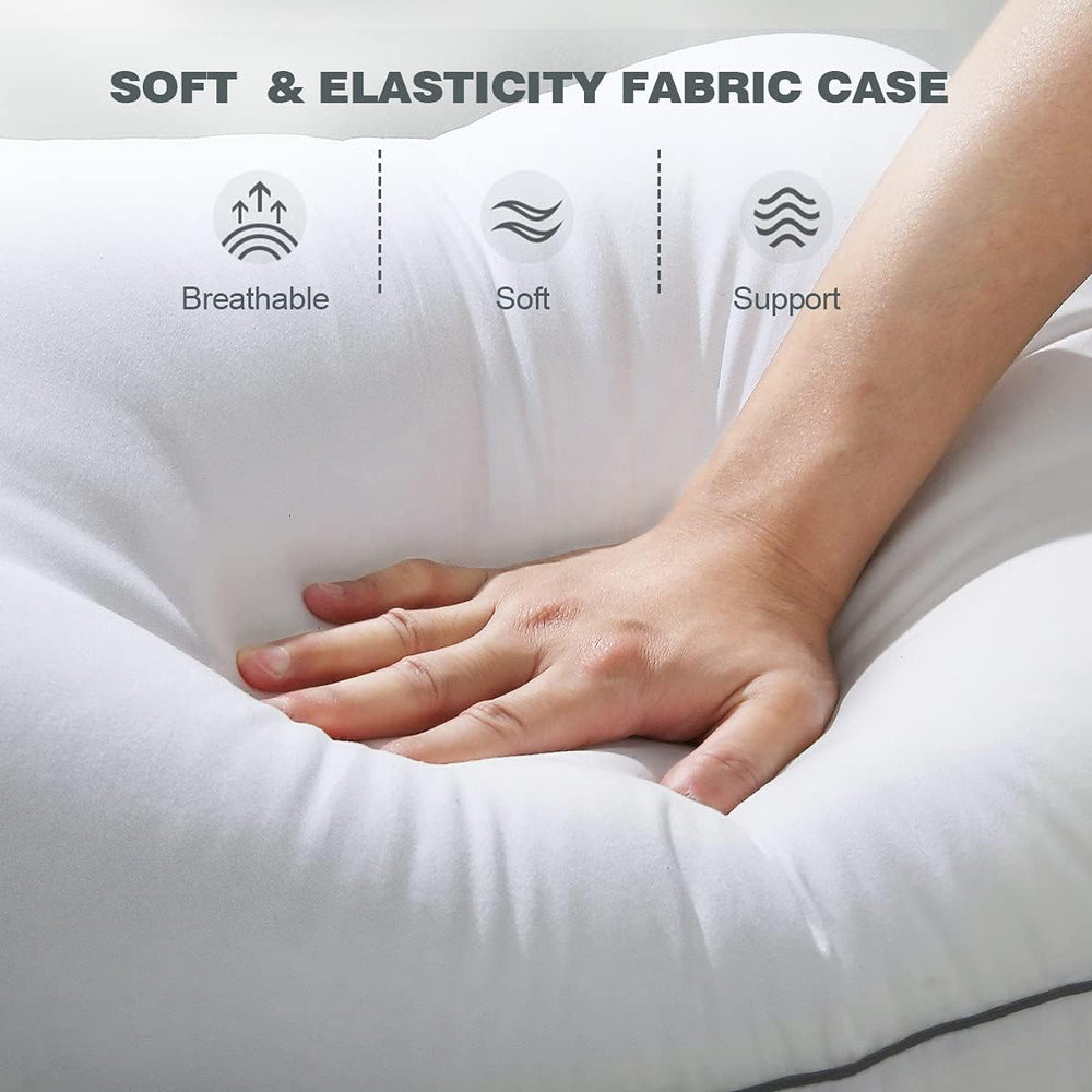 a hand on a white pillow with text: 'SOFT & ELASTICITY FABRIC CASE ------- Breathable Soft Support'