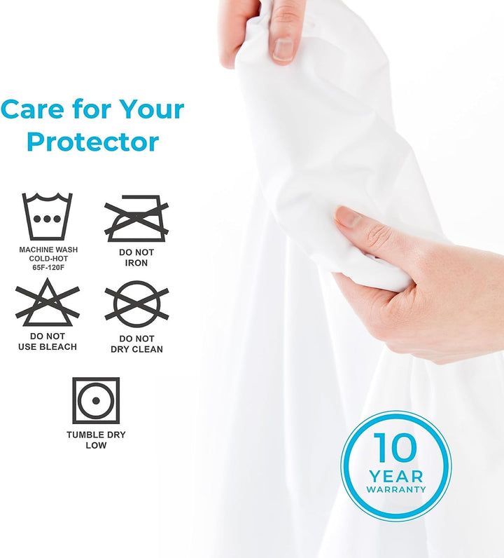 a person holding a white sheet with text: 'Care for Your Protector MACHINE WASH COLD-HOT DO NOT 65F-120F IRON DO NOT USE BLEACH DO NOT DRY CLEAN TUMBLE DRY 10 LOW YEAR WARRANTY'