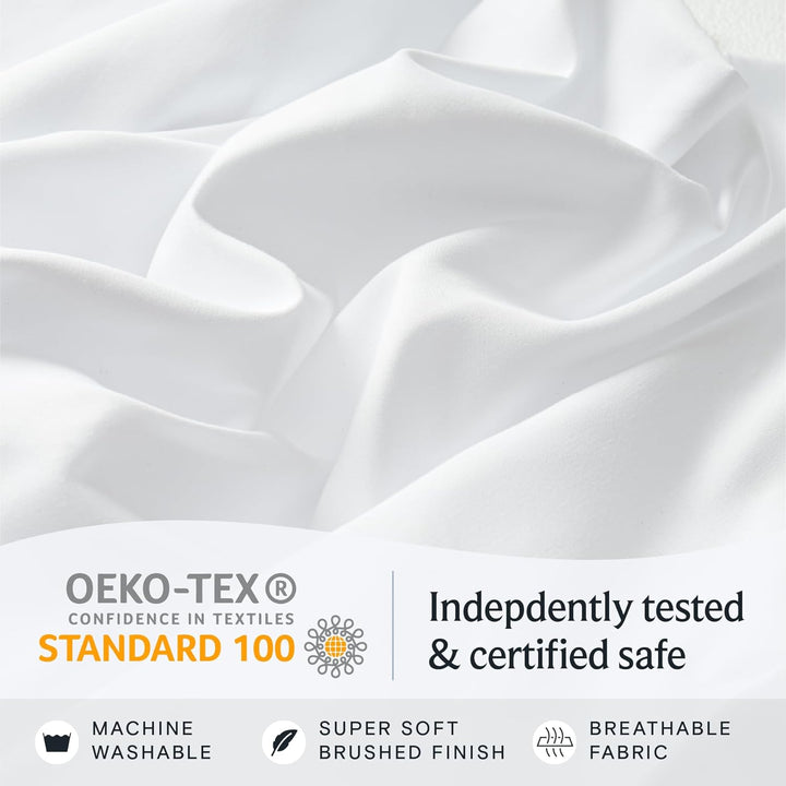 a white fabric with a white background with text: 'OEKO-TEX Indepdently tested CONFIDENCE IN TEXTILES STANDARD 100 & certified safe MACHINE SUPER SOFT BREATHABLE WASHABLE BRUSHED FINISH FABRIC'