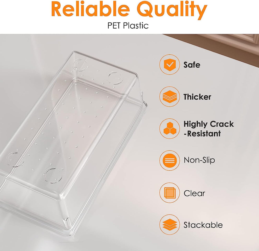 a clear plastic container with text on it with text: 'Reliable Quality PET Plastic Safe Thicker Highly Crack - Resistant Non-Slip Clear Stackable'