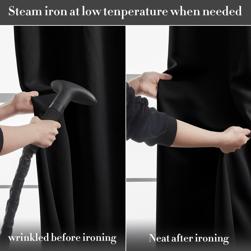 a person using a vacuum cleaner to clean a black dress with text: 'Steam iron at low tenperature when needed wrinkled before ironing Neat after ironing'