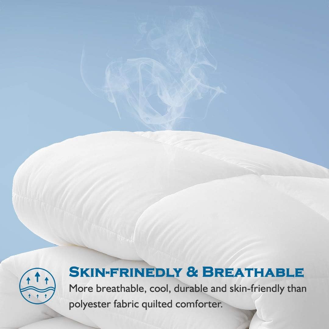a white blanket with a steam coming out of it with text: 'SKIN-FRINEDLY & BREATHABLE More breathable, cool, durable and skin-friendly than - polyester fabric quilted comforter.'