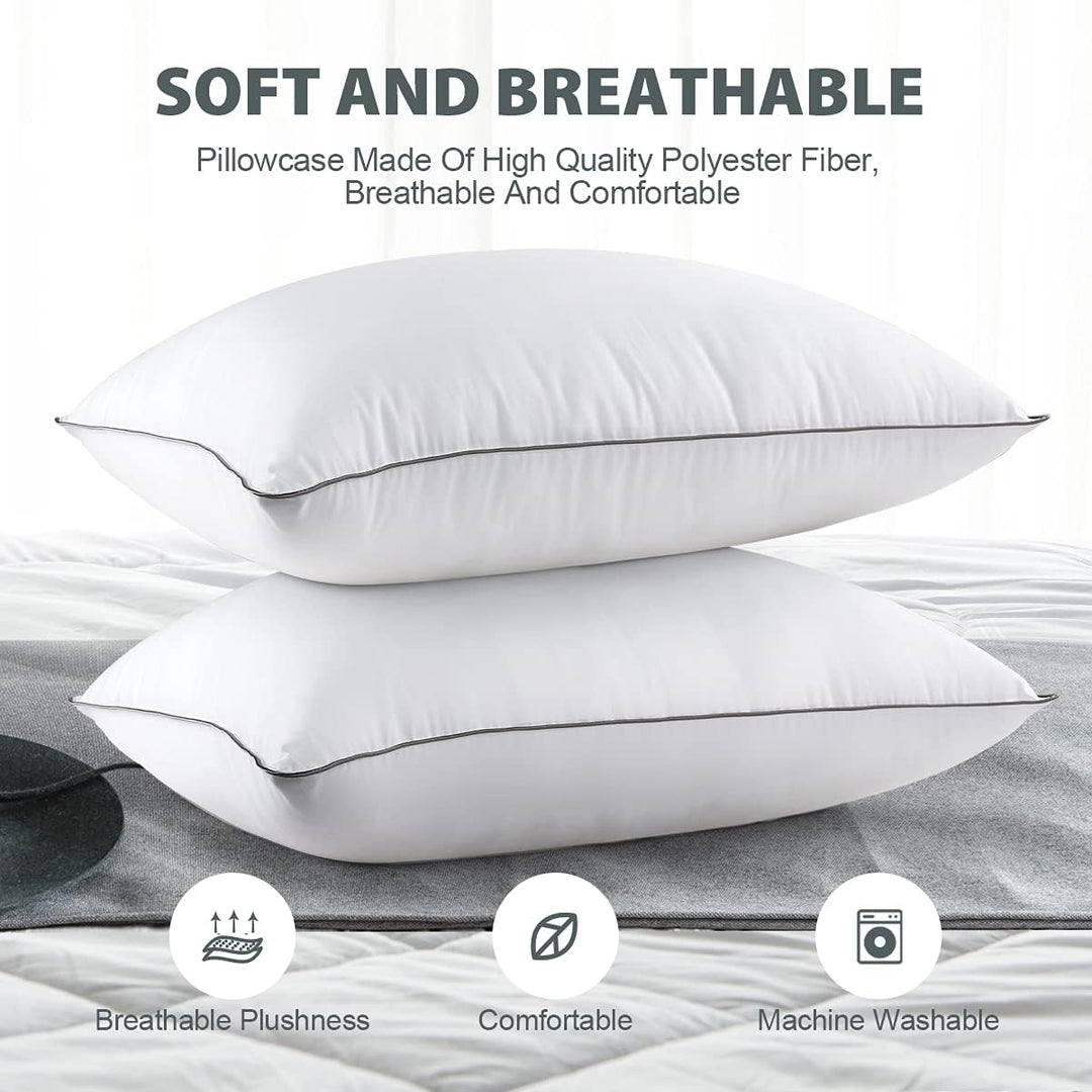 a stack of pillows on a bed with text: 'SOFT AND BREATHABLE Pillowcase Made Of High Quality Polyester Fiber, Breathable And Comfortable Breathable Plushness Comfortable Machine Washable'
