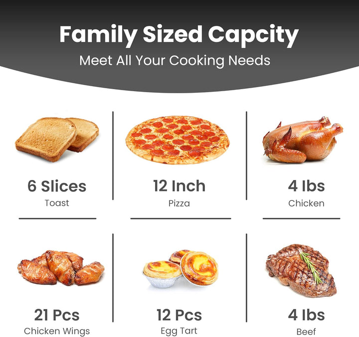 a menu of food on a white background with text: 'Family Sized Capcity Meet All Your Cooking Needs 6 Slices 12 Inch 4 Toast Pizza Chicken 21 Pcs 12 Pcs 4 Chicken Wings Egg Tart Beef'