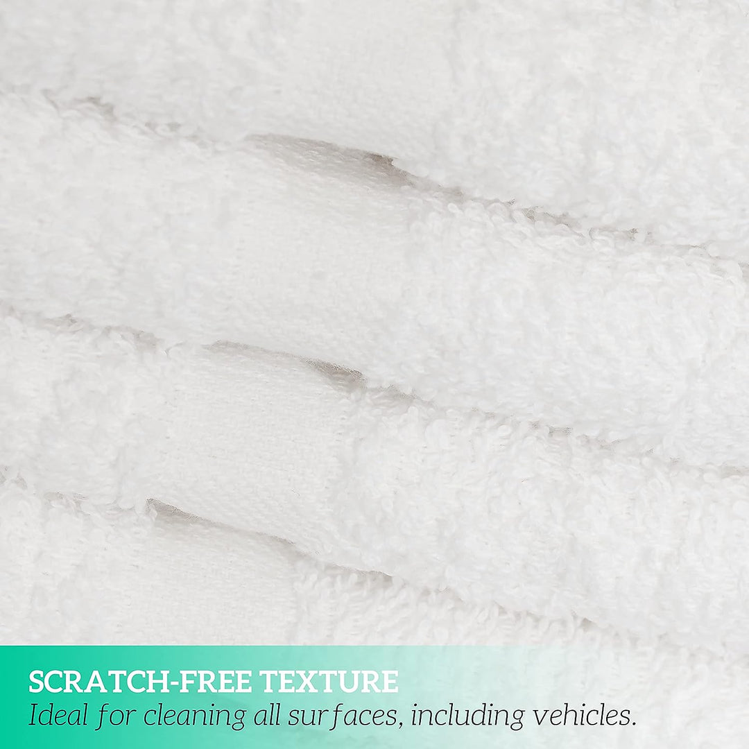 a stack of white towels with text: 'SCRATCH-FREE TEXTURE Ideal for cleaning all sur faces, including vehicles.'